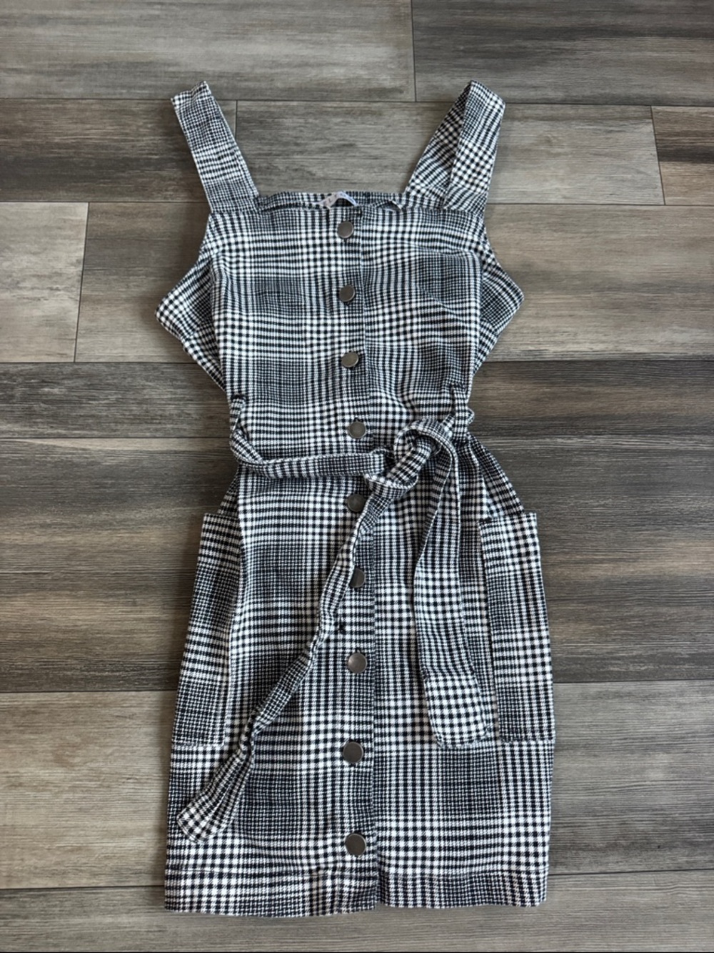 Tinseltown Black & White Plaid Button-Front Mini Dress with Tie